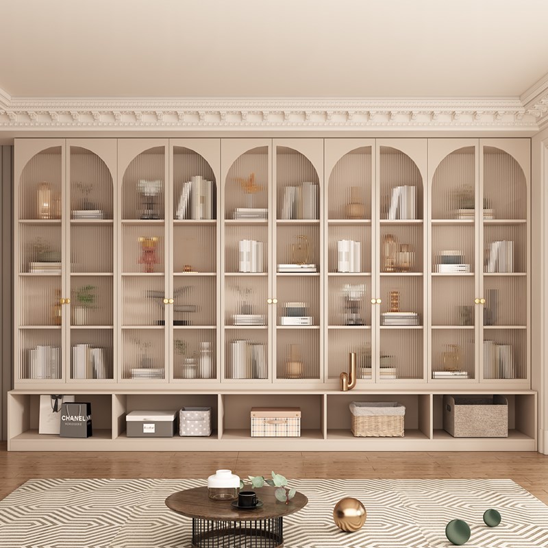 书柜带玻璃门实木藤编定制家用客厅一体整墙到顶书架展示柜子