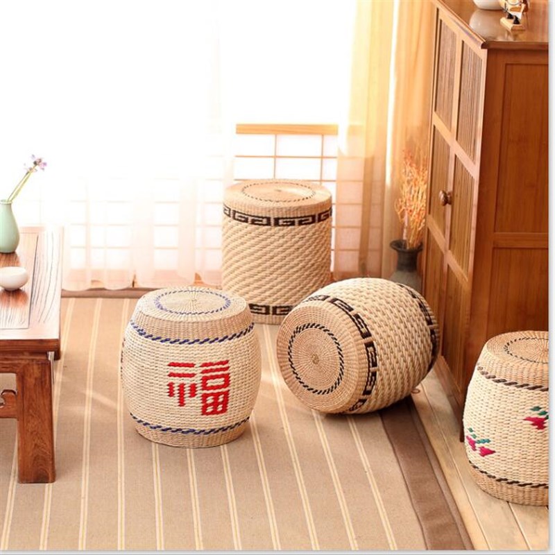 手工草编时尚创意小换鞋凳实木坐墩客厅茶几家用矮凳