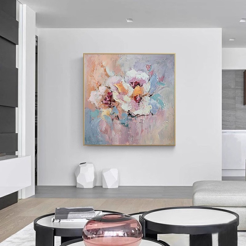 餐厅装饰画抽象花卉纯手绘油画肌理画玄关客厅挂画电表箱卧室壁画图片