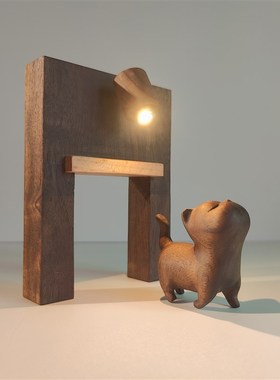 冰冷森林彼岸门傲娇猫木制手作摆件 桌面氛围手工床头小夜灯礼物