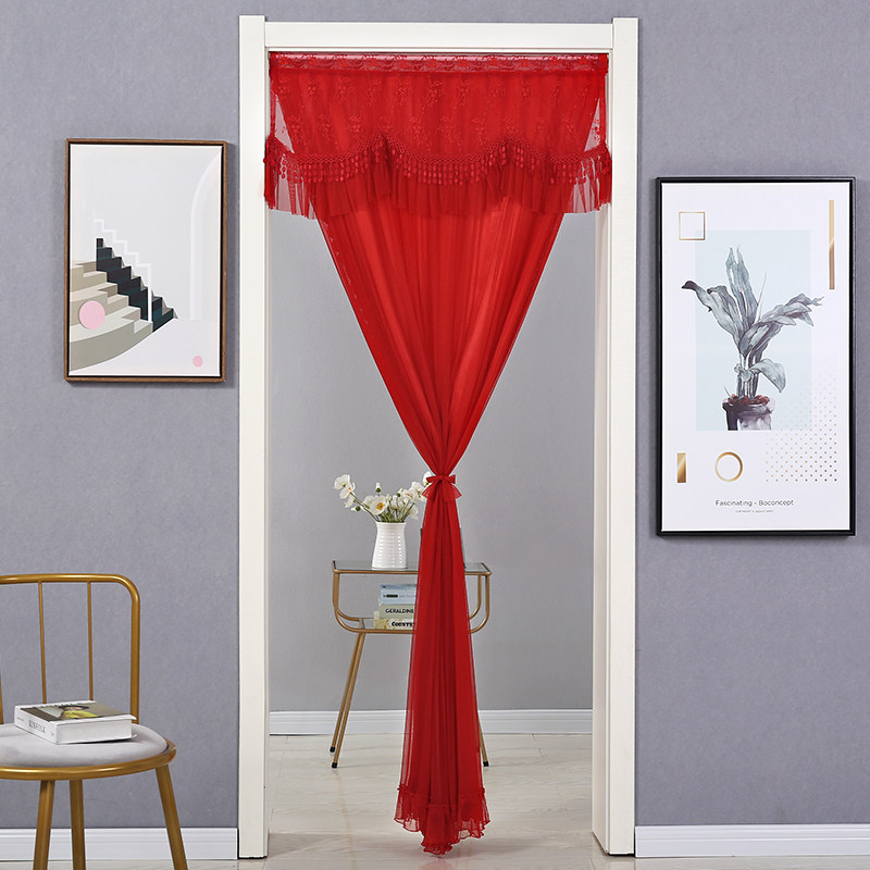 免打孔婚庆用品大红门帘结婚房喜庆防蚊纱蕾丝帘隔断帘家用长款