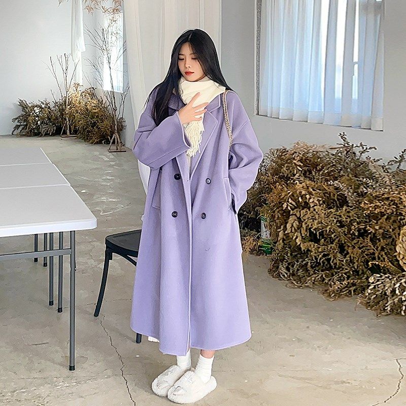 奶紫色双面毛呢大衣女2024冬季新款外套女秋冬款大码女装胖mm冬装