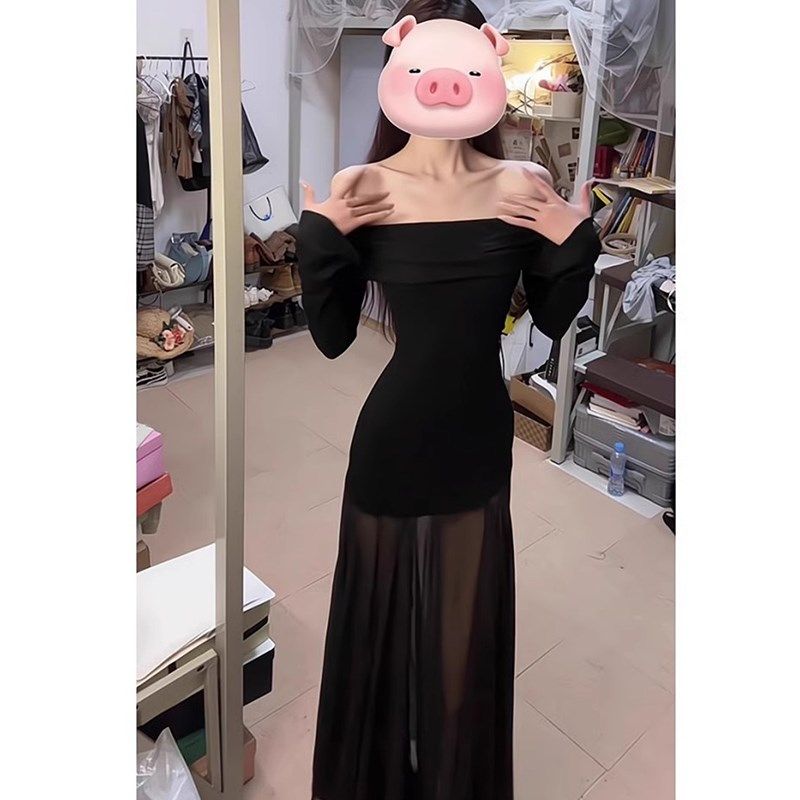 法式一字肩网纱拼接御姐连衣裙女春秋新款气质收腰显瘦包臀长裙子,女装/女士精品,连衣裙,淘宝优惠券,粉丝福利购,淘宝优惠卷