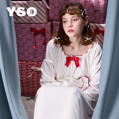 yso【礼物系列】睡裙春秋睡衣女夏季蝴蝶结少女新娘晨袍2024新款A
