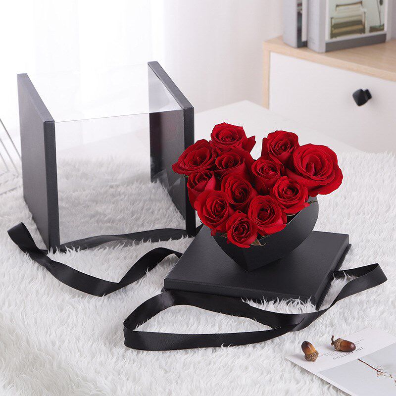 pvc玫瑰透明礼盒白色正方形鲜花包装盒七夕婚礼手提花桶手捧花盒