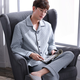 纯棉夹棉秋季 睡衣长袖 男款 加厚春秋冬天加大码 冬季 家居服套装 男士