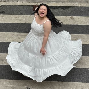 福饮沸别【海边约会】大码胖mm收腰显瘦白色蕾丝吊带连衣裙-2077