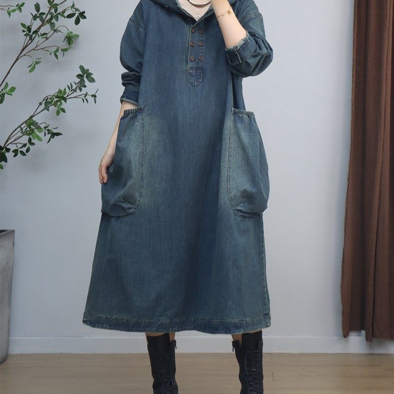 大口袋连帽牛仔裙女2024秋冬双排扣做旧宽松中长款复古时尚连衣裙,女装/女士精品,连衣裙,淘宝优惠券,粉丝福利购,淘宝优惠卷