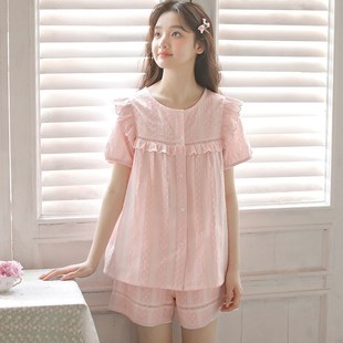 短裤 甜美风短袖 开衫 家居服套装 夏季 甜美法式 纯棉睡衣女2024年新款