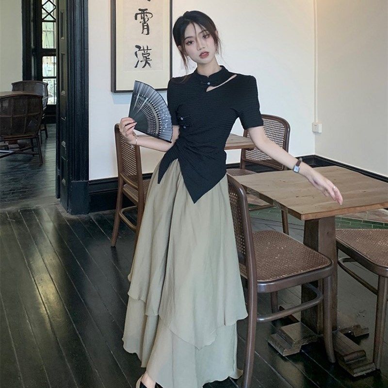 高级感新中式气质国风套装短袖T恤女夏季休闲半身裙长裙子两件套,女装/女士精品,时尚套装,淘宝优惠券,粉丝福利购,淘宝优惠卷