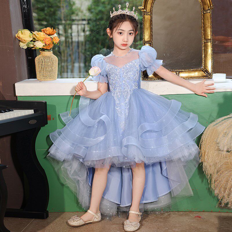 女童礼服高端蓝色公主裙前短后长小女孩主持人儿童钢琴演出服夏季