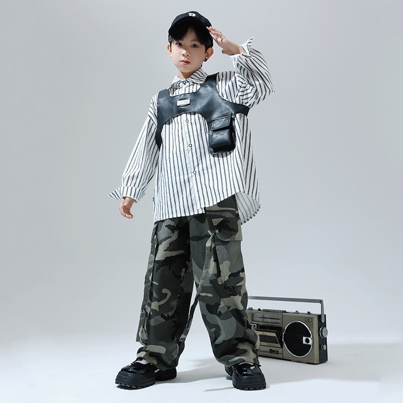 儿童街舞演出服皮马甲机能风背心条纹衬衫长袖男童嘻哈套装走秀秋