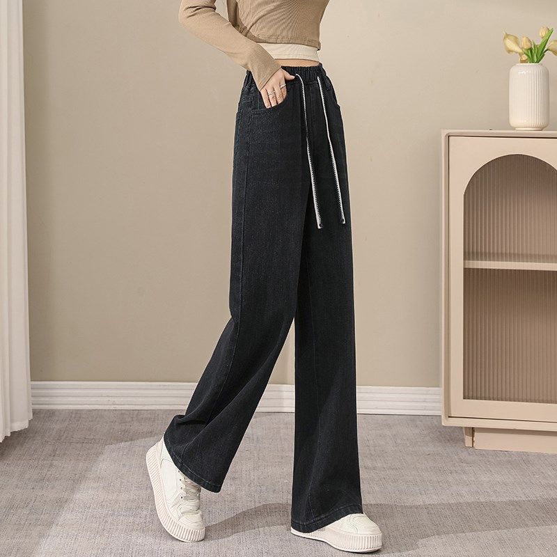 黑色松紧腰阔腿牛仔裤女2025新款高腰显瘦初高中学生直筒休闲长裤