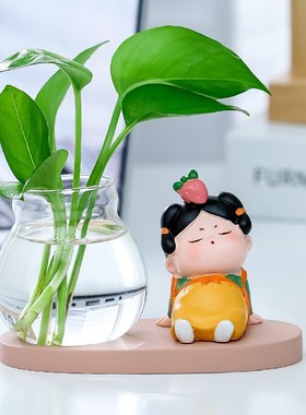 可爱唐仕女水培摆件新中式客厅书房办公室桌面绿萝植物治愈系装饰