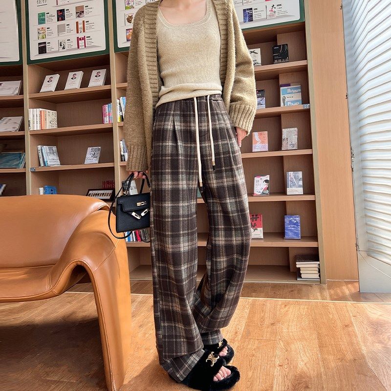 加绒格子裤女2024秋冬撞色高腰垂感毛呢阔腿裤宽松休闲直筒裤子,女装/女士精品,休闲裤,淘宝优惠券,粉丝福利购,淘宝优惠卷