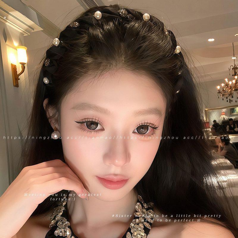 水钻珍珠波浪黑色高颅顶发箍女士带齿防滑洗脸压发日常外戴头箍