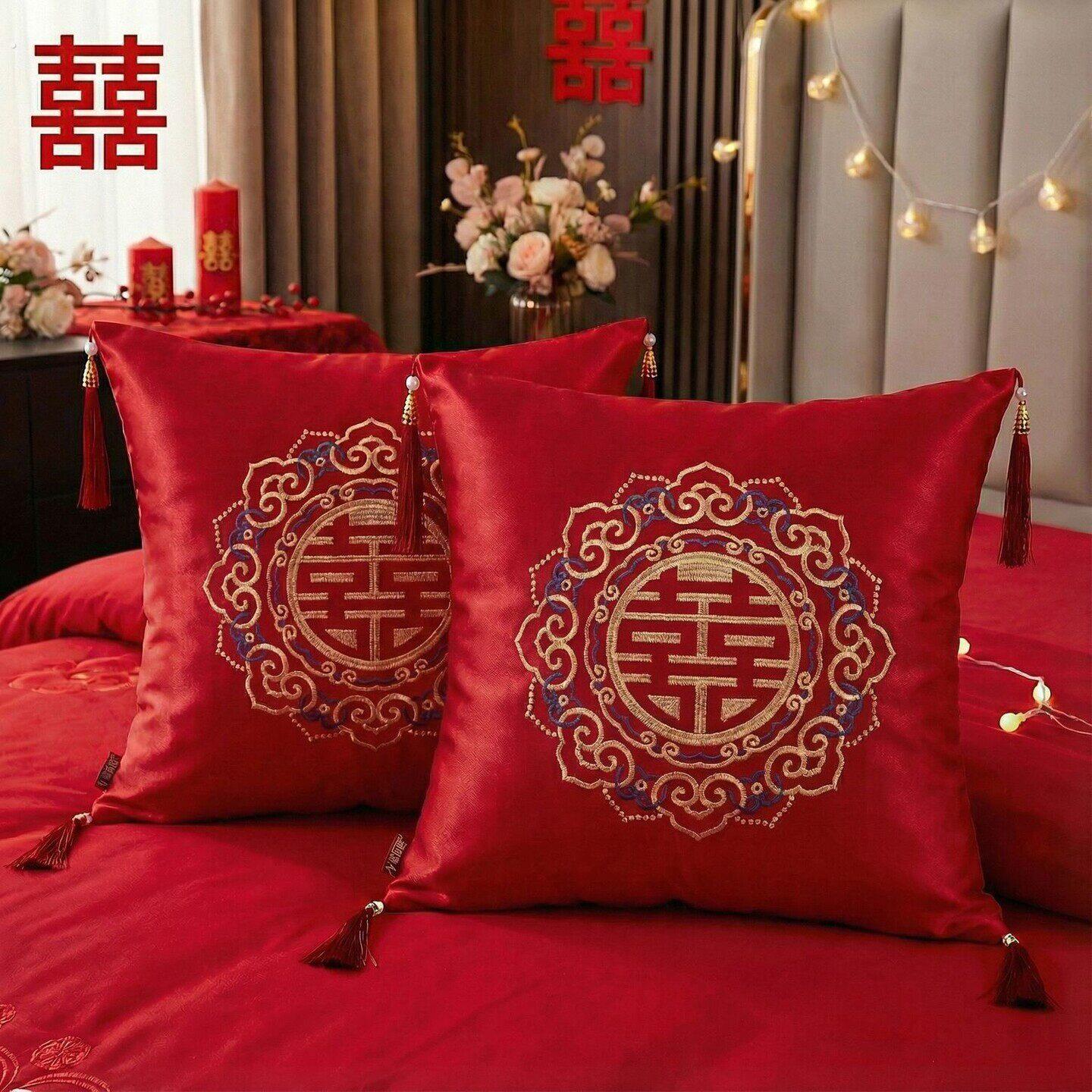 结婚中国风刺绣红喜字抱枕一对婚礼装饰客厅沙发靠枕婚房布置靠垫