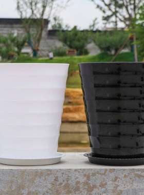 花盆大大螺纹加厚白色黑色瓷送托盘盆景植物大型塑料盆代发