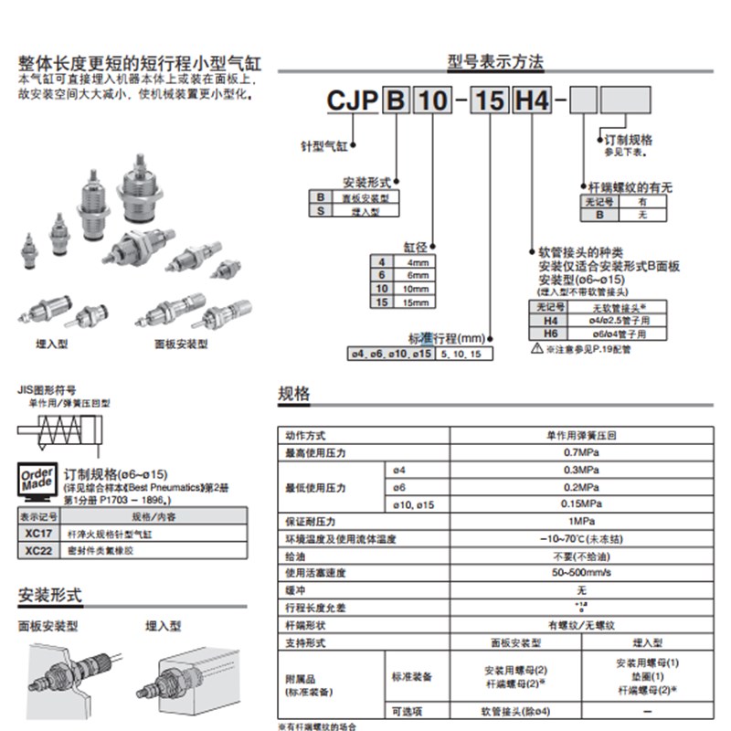 MC原装CJPB10-5H CJPB10-10H CJPB10-15H单作用针型气缸