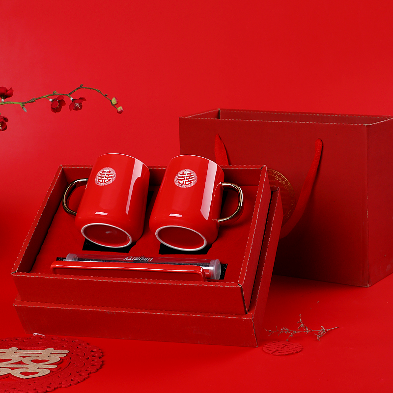 结婚洗漱杯套装红色陶瓷牙刷杯情侣牙杯一对婚庆陪嫁漱口杯套装