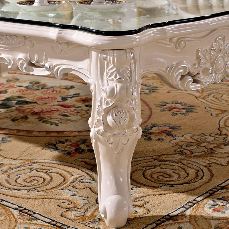 香格里拉 欧式全实橡木木茶几雕花玻璃面茶桌面白色客厅茶桌子