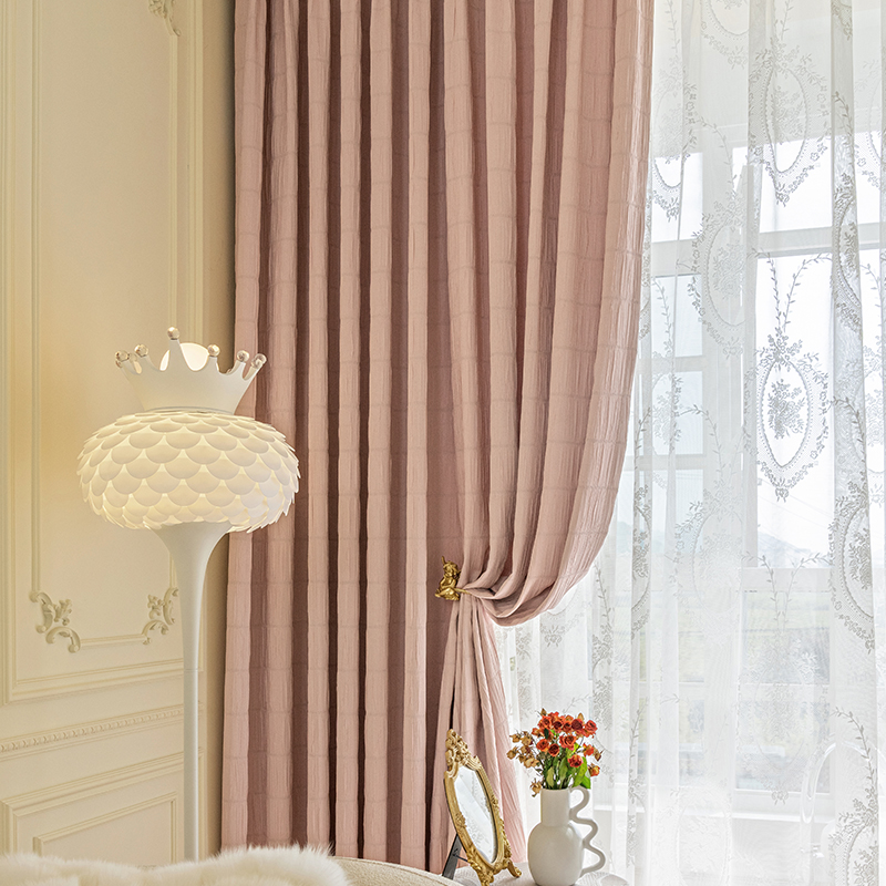 田园风粉格子儿童房窗帘成品定制女孩卧室少女公主风温馨飘窗遮光