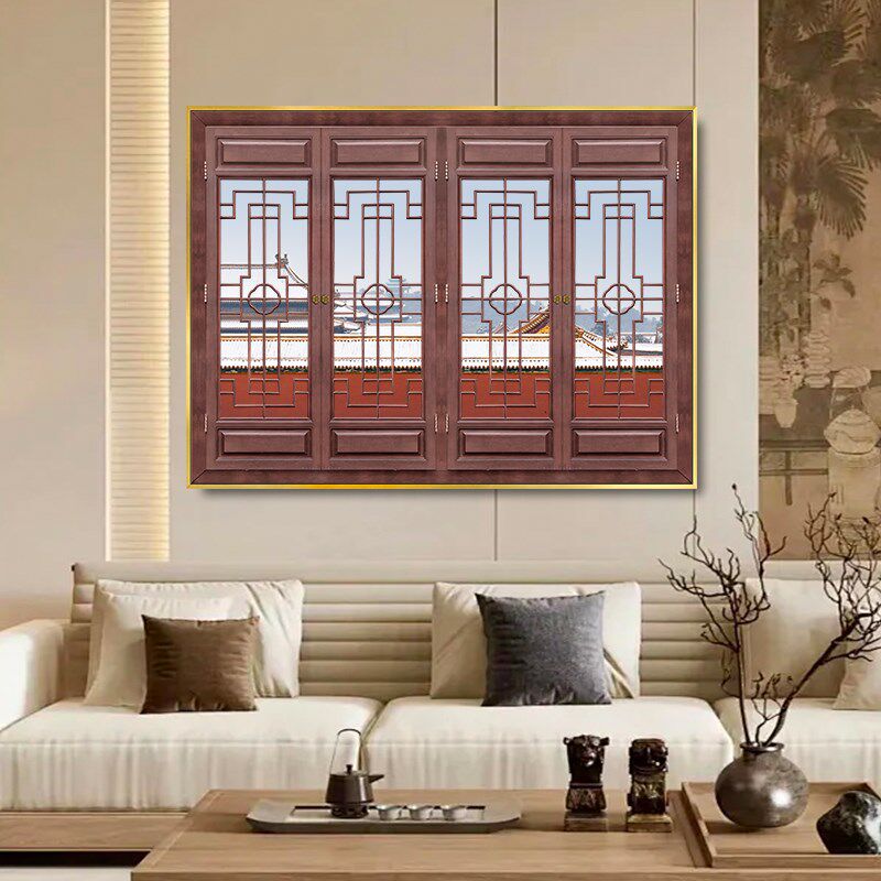 中式风景假窗户发光装饰画暗房茶室民宿酒店客房立体带灯窗景挂画