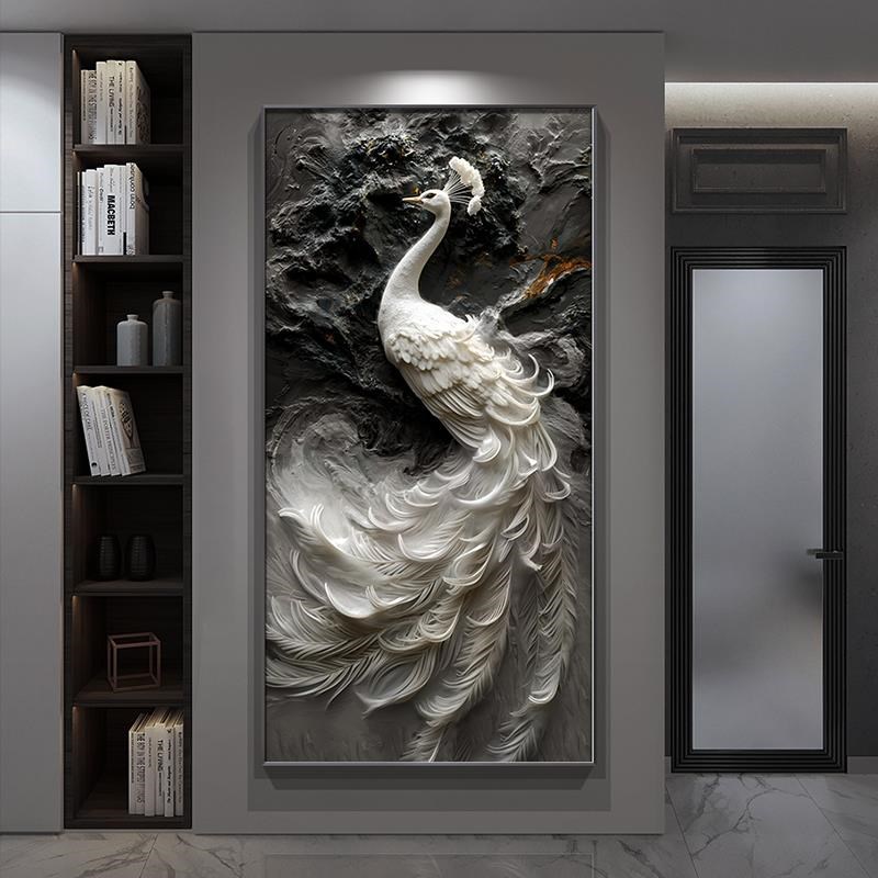 高级感浮雕立体肌理画孔雀挂画入户进门玄关装饰画走廊过道墙壁画图片