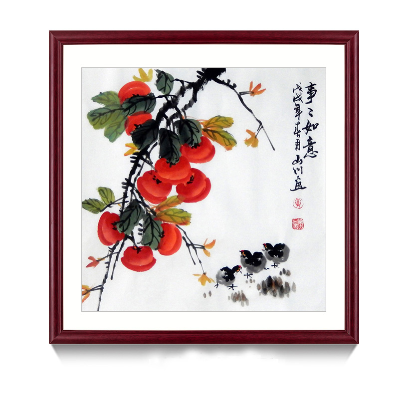 名家手绘花鸟画定制柿子图事事如意斗方餐厅玄关走廊装饰实木画框