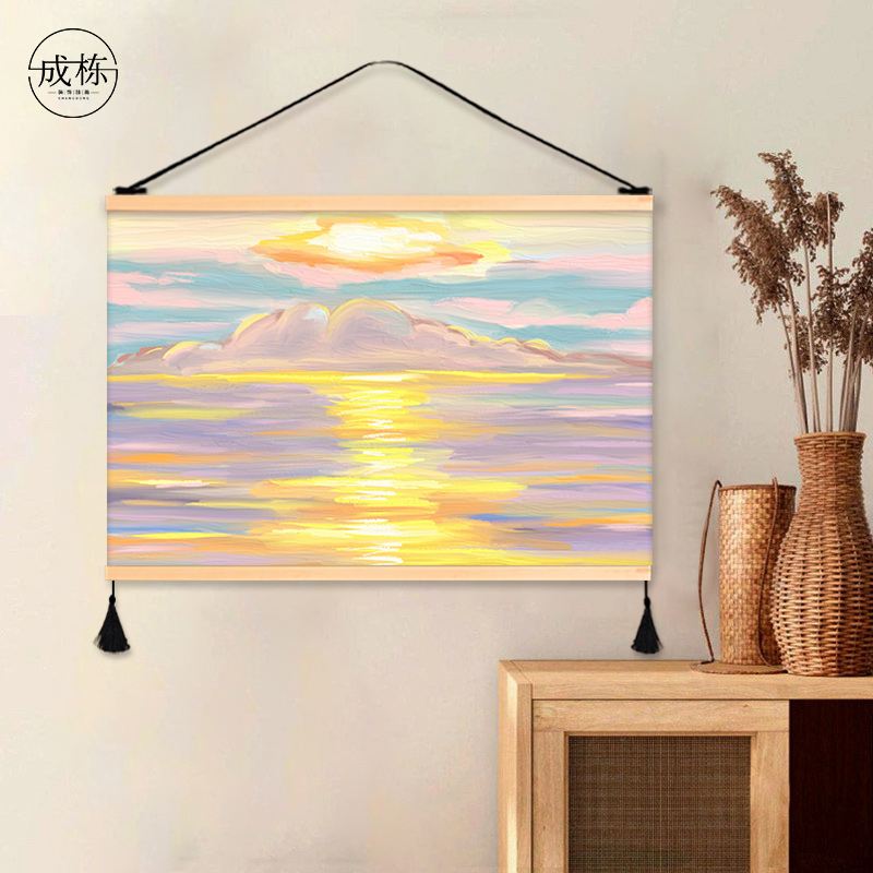 简约手绘水彩大海餐厅装饰画卧室房间艺术挂画布艺免打孔壁画挂布图片