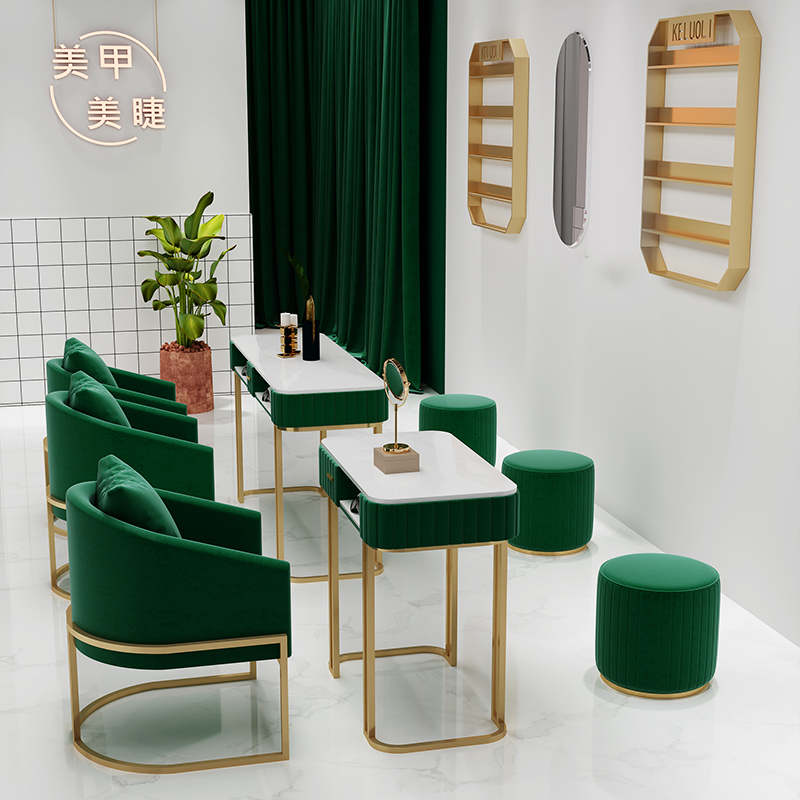 北欧金色大理石美甲桌单人双人桌椅修甲台美甲店美甲桌椅套装组合