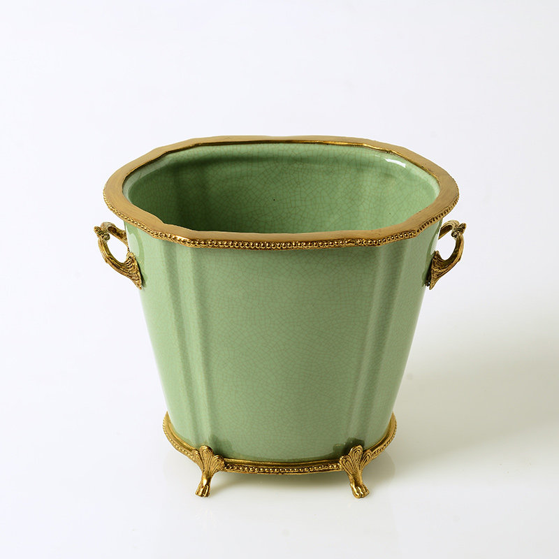 欧式美式中式复古摆件 陶瓷配铜花盆花艺花器花瓶客厅工艺品摆设