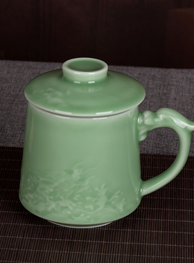 精品家用青瓷龙出海泡茶水杯带过滤同心杯陶瓷有柄茶杯办公杯礼品
