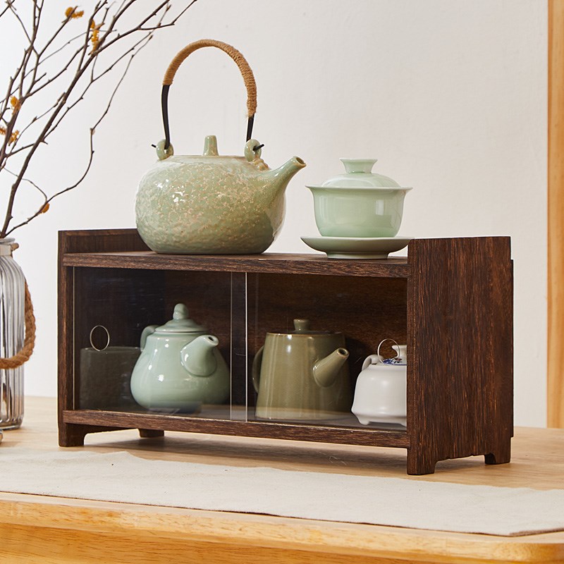 实木推拉移门收纳柜茶杯架茶具展示架化妆品储物柜办公桌上置物架