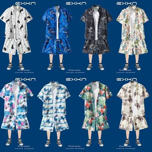 夏季三亚风沙滩套装男女短袖花衬衫休闲夏威夷海边情侣短裤两件套