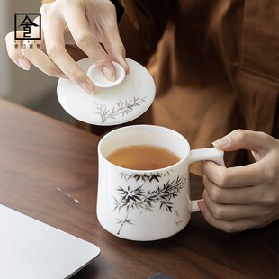 羊脂玉瓷陶瓷茶杯马克杯盖带纯手绘墨竹个人专用德化白瓷水杯家用