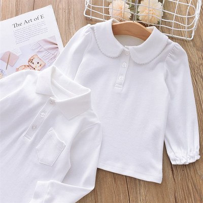 纯棉儿童POLO翻领打底衫女童白色校服内搭衬衫男童长袖T恤衫百搭