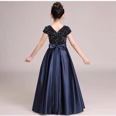 亮片主持女童长款合唱演出服高端走秀公主生日裙钢琴乐器演奏礼服