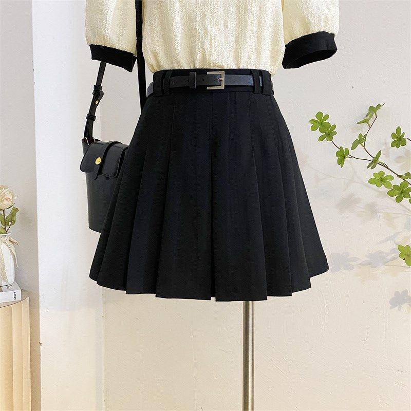 黑色西装百褶裙半身裙女2024春夏防走高腰a字jk短裙显瘦腰带裙子