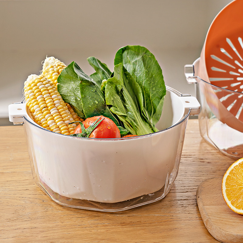 双层沥水篮大小号透明塑料蔬菜火锅用置物架收纳篮洗菜盆滤水篮