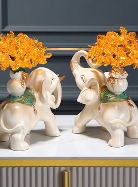 大象摆件一对招财纳福客厅玄关电视柜装饰品创意水晶树新家摆设