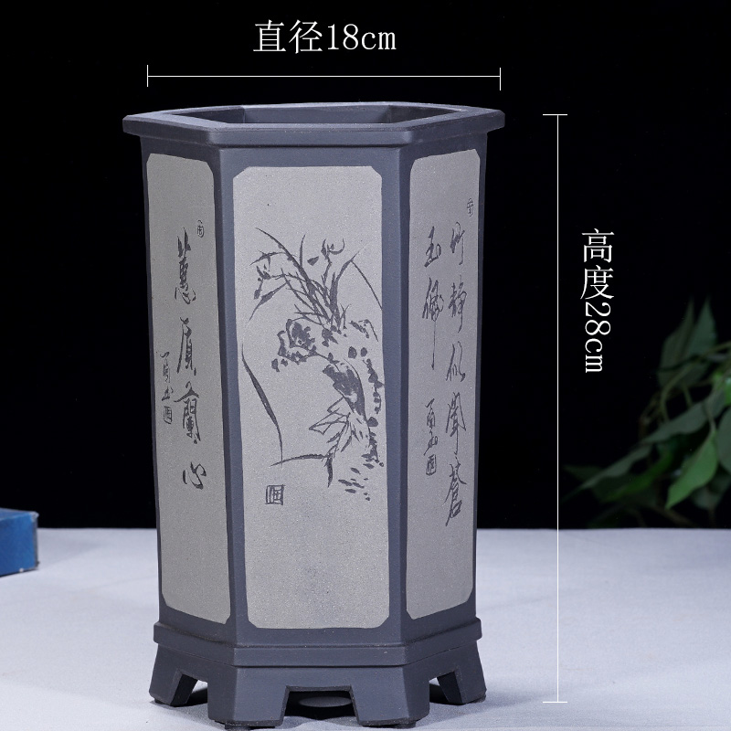 精品紫砂花盆兰花盆六角君子兰兰草盆带托盘盆景盆栽陶瓷盆