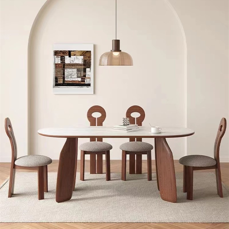 法式复古洞石岩板餐桌椅小户型家用实木椭圆形设计师餐桌