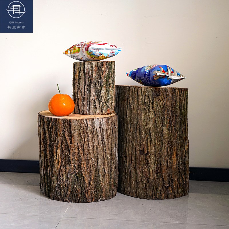 实木带皮木桩墩子陈列造景树桩座凳茶几根雕花架立柱底座