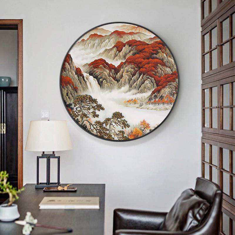 新中式入户玄关装饰画书房圆形壁画鸿运当头客厅沙发背景墙挂画图片