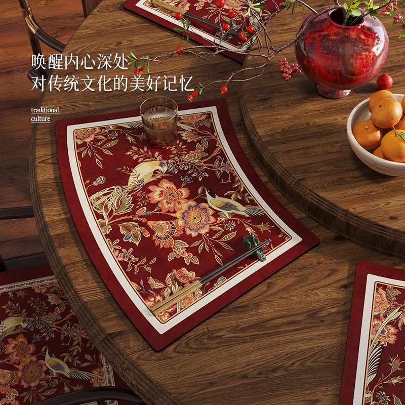 圆桌扇形餐垫红色喜庆皮革免洗隔热餐具垫氛围感桌垫锦雀芳华,居家布艺,餐垫,淘宝优惠券,粉丝福利购,淘宝优惠卷