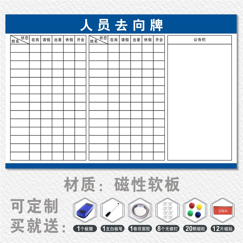 人员去向牌职工值班状态出勤一览工作表告知动态排班公示吸磁可擦