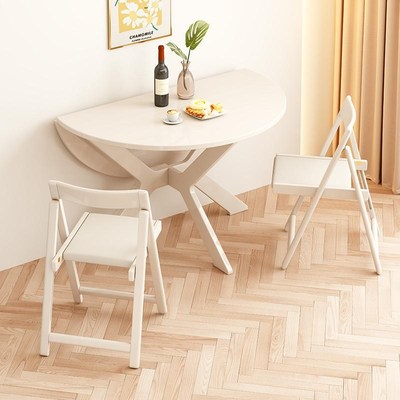 奶油风可伸缩圆形餐桌家用人小户型多功能1米实木饭桌窄边折叠桌