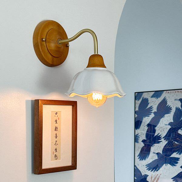 三灯一宅日式复古实木黄铜玻璃镜前灯卧室床头灯创意中古复古壁灯
