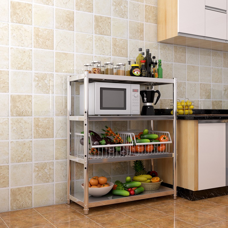 不锈钢家用多层厨房置物架四层落地微波炉收纳架V厨房架子4层架